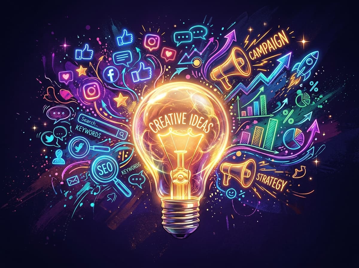 Creative Digital Marketing Concept - Ideas Driving Growth with SEO, Social Media, and Analytics